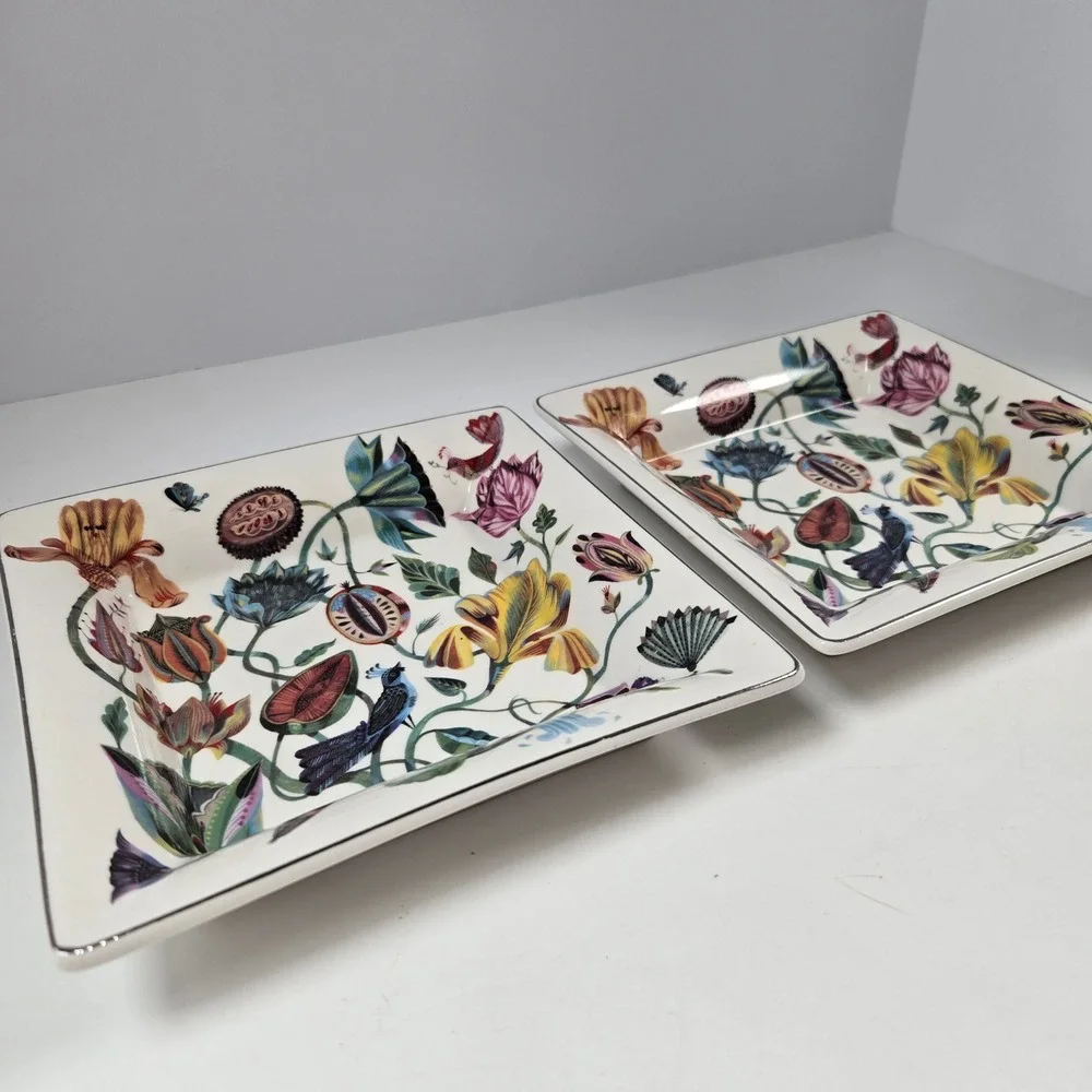 Zara Home Trinket Dish Set 2 Multicolor Botanical Floral Bird Decorative Tray